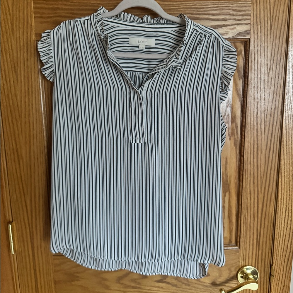 LOFT Black and White Striped Ruffle Sleeve Top